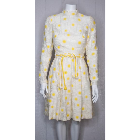 VINTAGE '60s Sunshine Daisies Lace Mockneck Long Sleeve Mini Dress SMALL - Picture 2 of 10